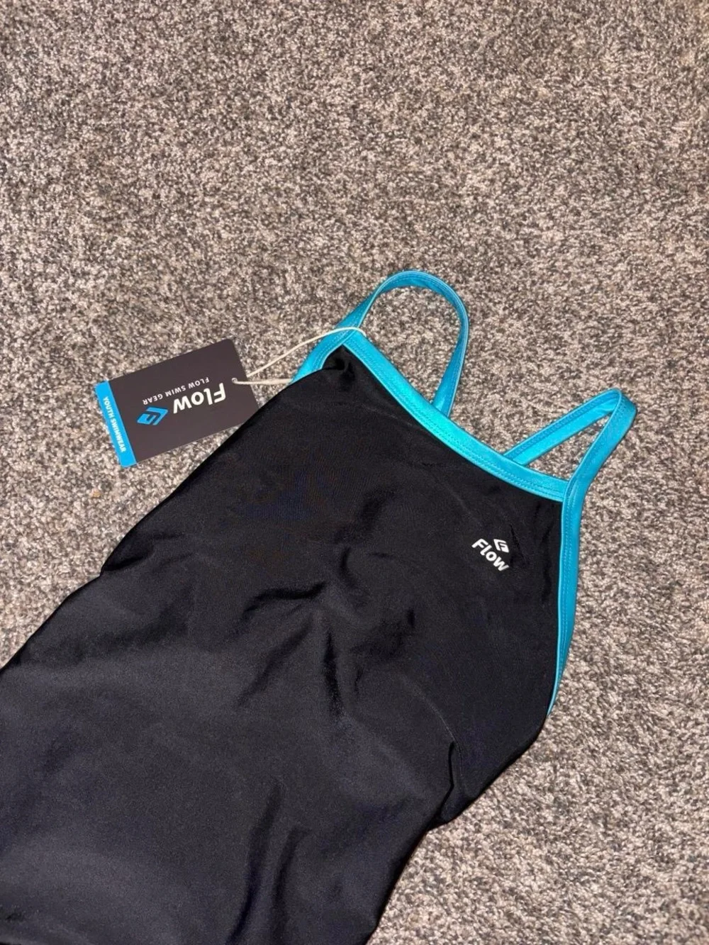 NWT black one piece swimsuit with blue straps